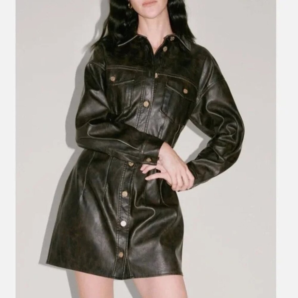 Zara NEW Faux Leather Dark Brown Distressed Mini Dress